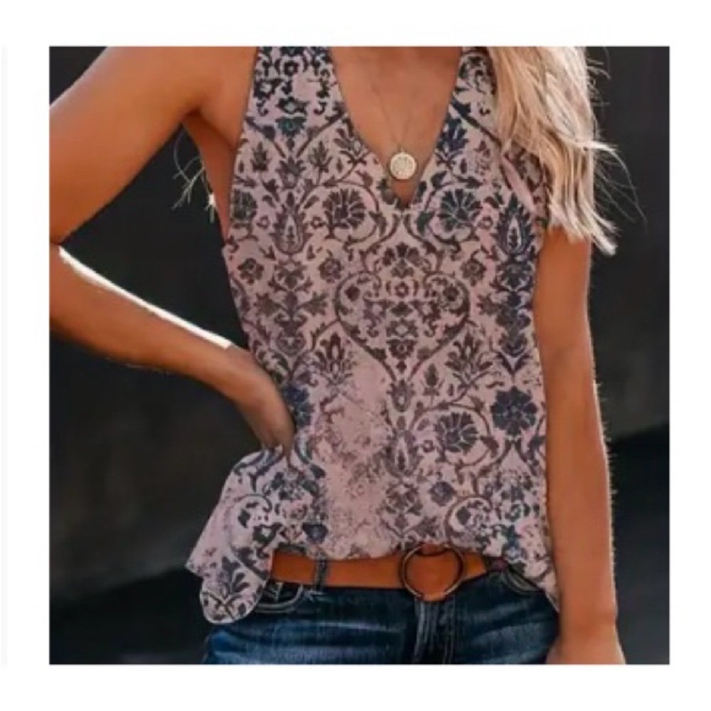 Womens pink periwinkle floral flowy v neck tank top size XL